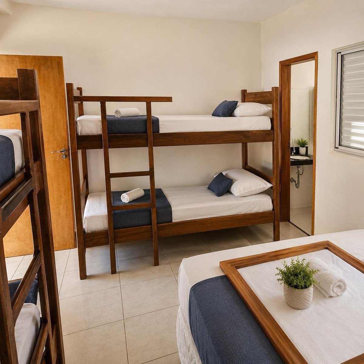 Suíte com dois beliches de madeira, roupa de cama branca e detalhes em azul-marinho